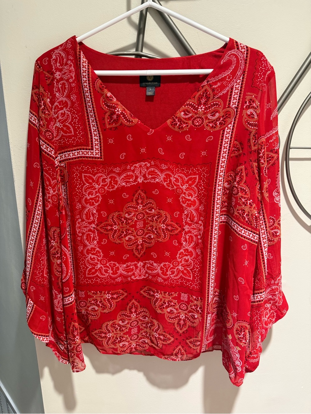 JM Collection Red Paisley Bandana Print V-Neck Sheer Blouse Top Size Large